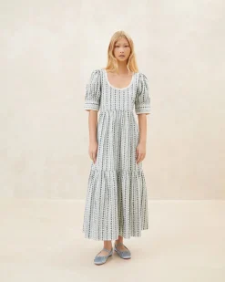 Gillian Blue Floral Puff-Sleeve Dress